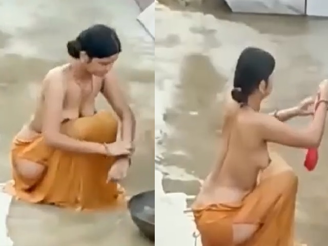 petticoat bhabhi outdoor bath caught by
