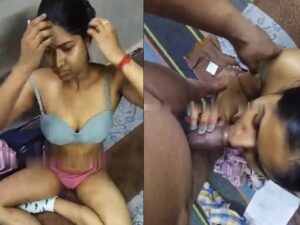 cute girlfriend in bra giving blowjob to