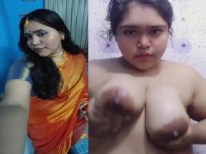 chubby Bengali aunty licks her own big boobs in