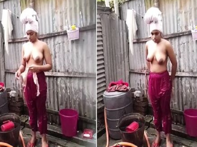 cute sister caught bathing naked outdoor by