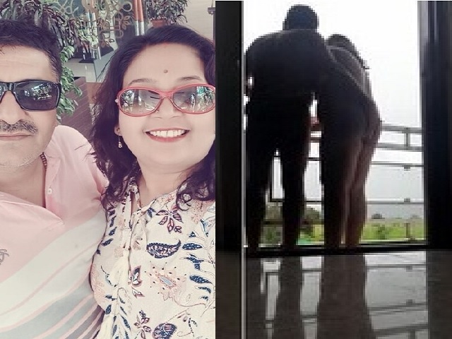 Indian wife in balcony in nude gives handjob to